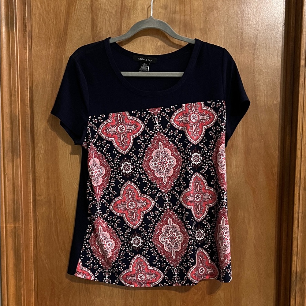 Women’s Navy Short Sleeve Tee with Red Paisley Front Panel